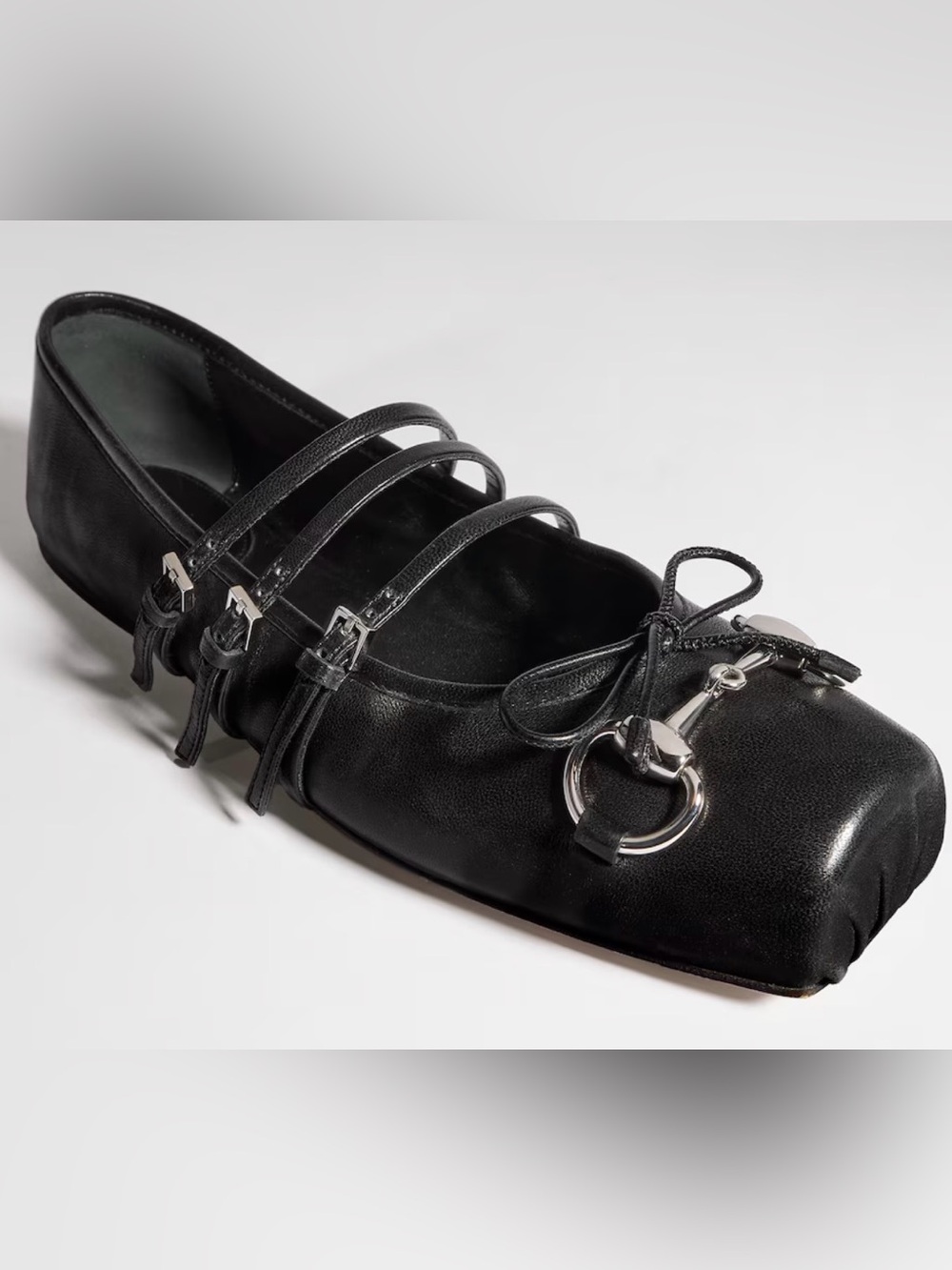 Black Women's Square-Toe Mary Jane Flat with Silver Hardware
